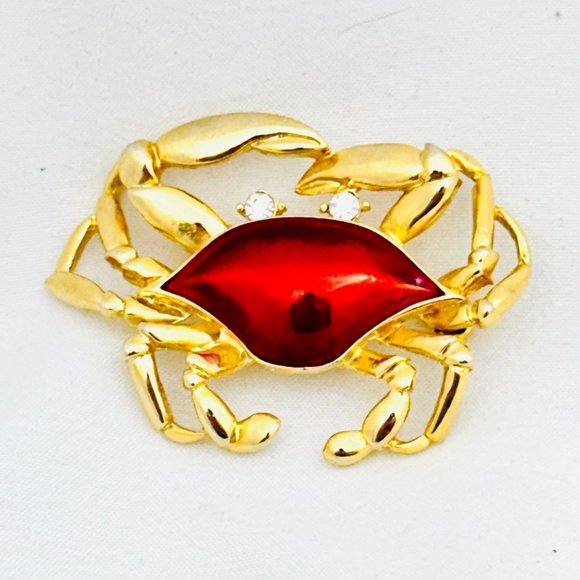 Crab Brooch Gold Tone w/Red Metallic Shell - Picture 3 of 6